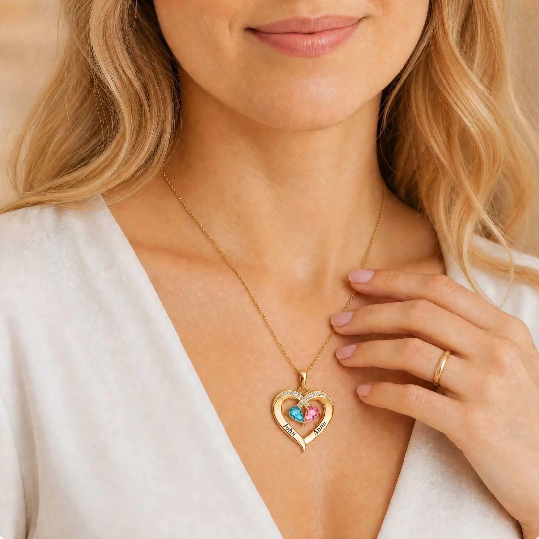 For My Wife – Custom Heart-Shaped Necklace with 12 Birthstones