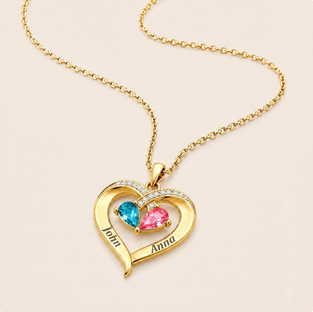For My Wife – Custom Heart-Shaped Necklace with 12 Birthstones