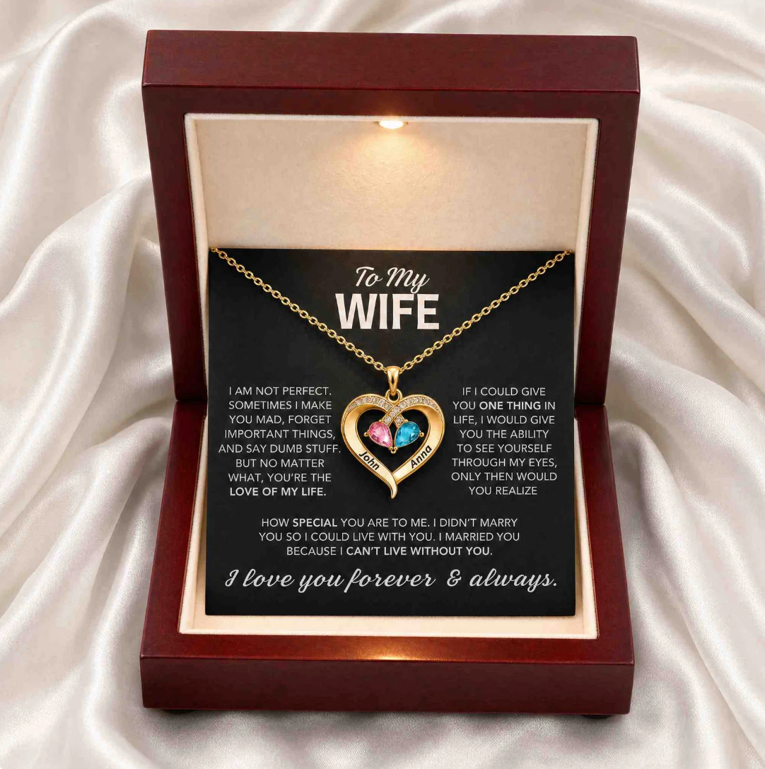 For My Wife – Custom Heart-Shaped Necklace with 12 Birthstones